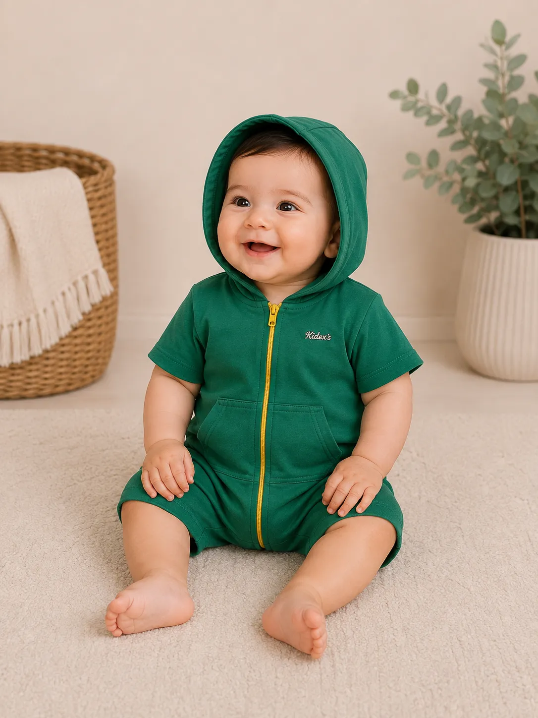 Kidex’s Kids’ Short-Sleeve Hooded Jumpsuit with Front Zipper & Pockets – green color option