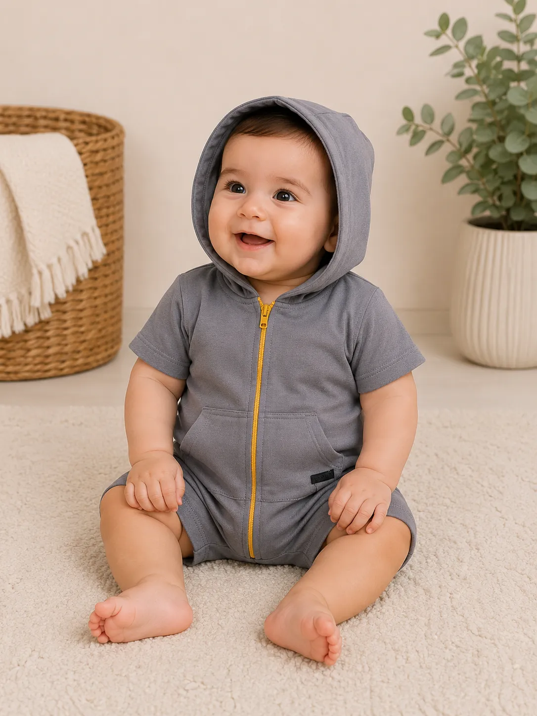 Kidex’s Kids’ Short-Sleeve Hooded Jumpsuit with Front Zipper & Pockets – gray color option
