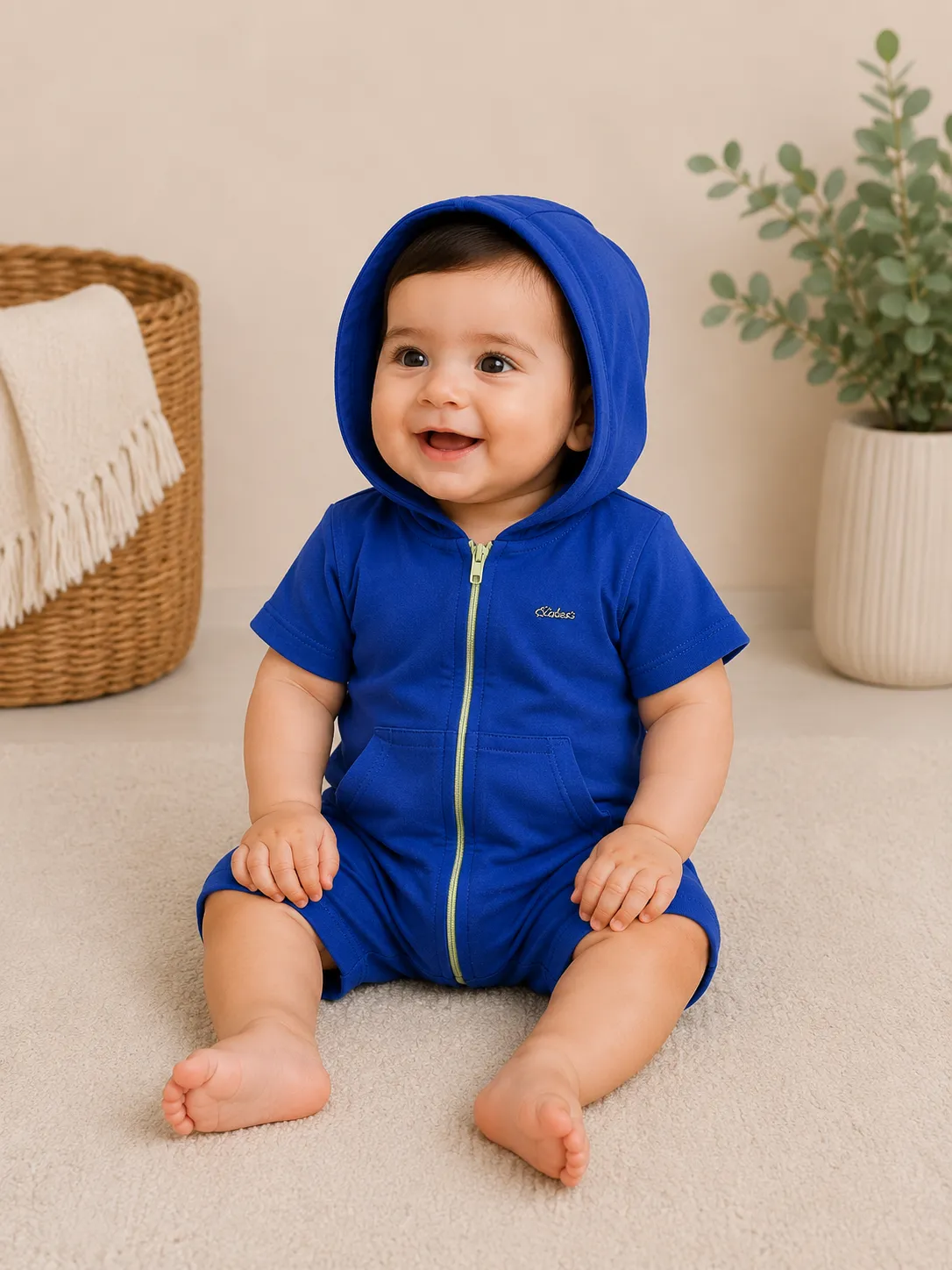Kidex’s Kids’ Short-Sleeve Hooded Jumpsuit with Front Zipper & Pockets – blue