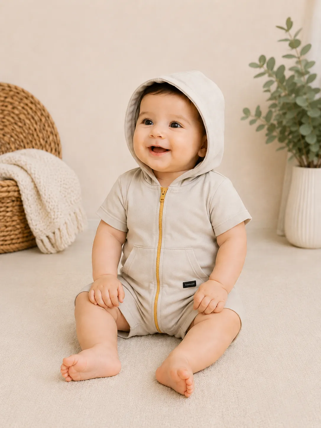 Kidex’s Kids’ Short-Sleeve Hooded Jumpsuit with Front Zipper & Pockets – Beige color option