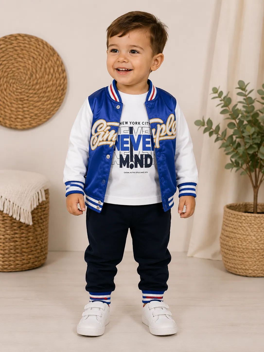 Kidex’s Boys’ 3-Piece Varsity Jacket Set – Jacket, T-Shirt & Pants – blue color option