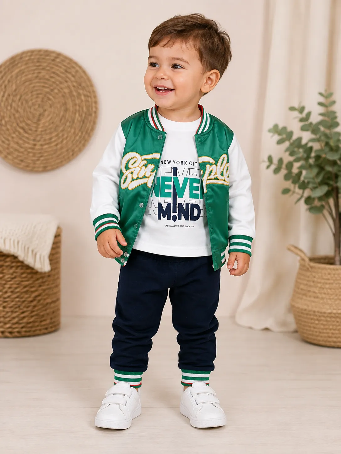 Kidex’s Boys’ 3-Piece Varsity Jacket Set – Jacket, T-Shirt & Pants – green