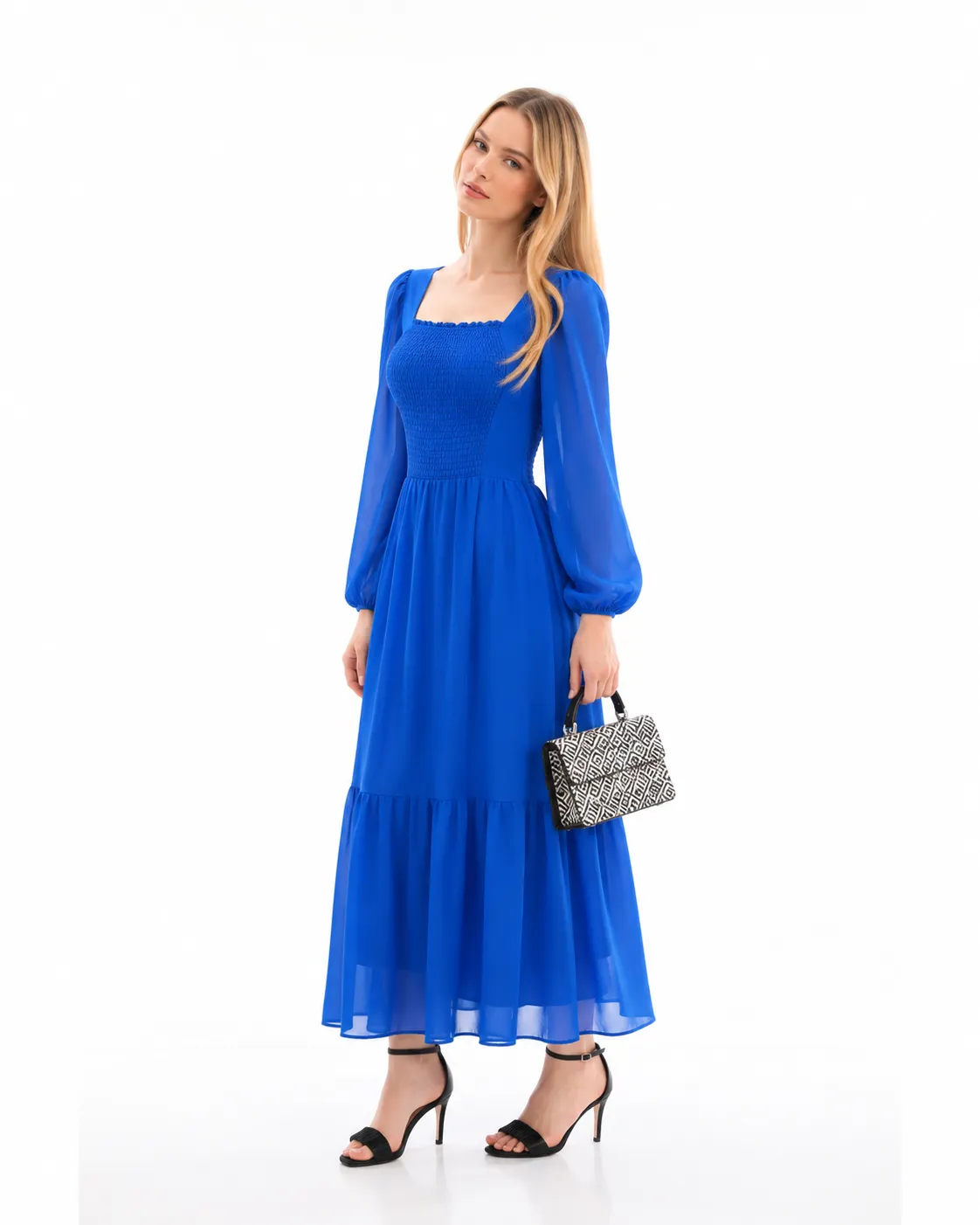 Park Karon Women's Dress + Smocked Chiffon Maxi Dress with Long Sheer Sleeves + blue color option