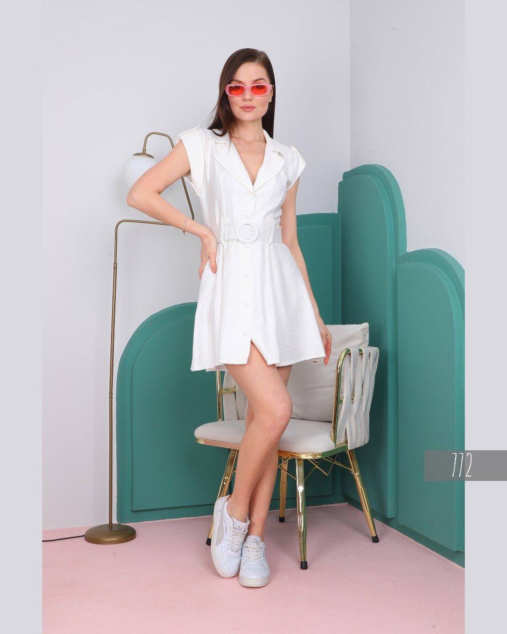 Women Button Down V Neck Dress With Waist Belt