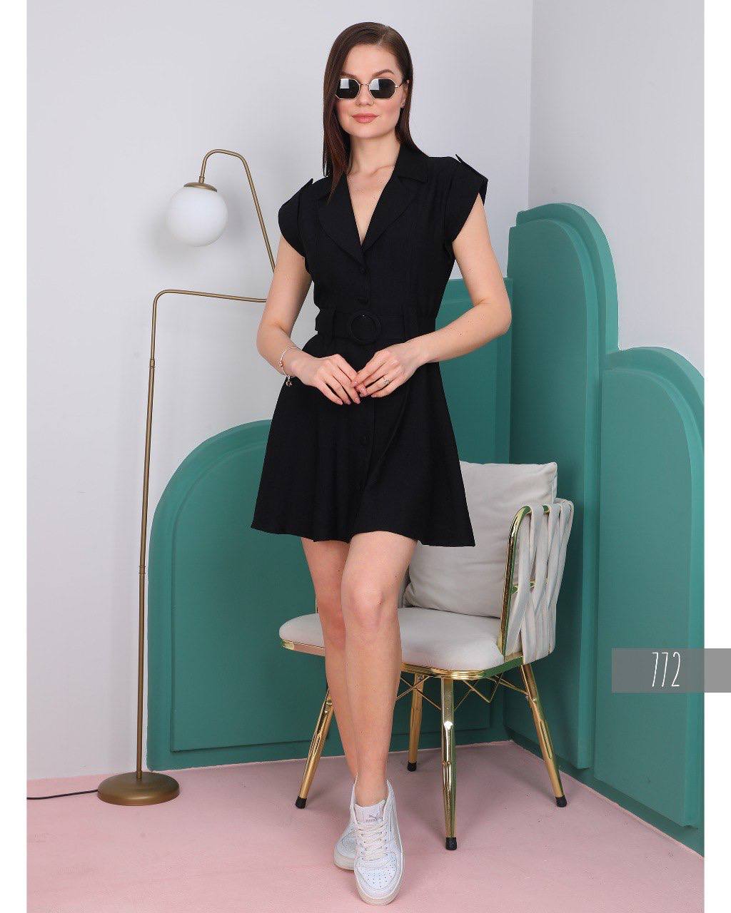 Women Button Down V Neck Dress With Waist Belt