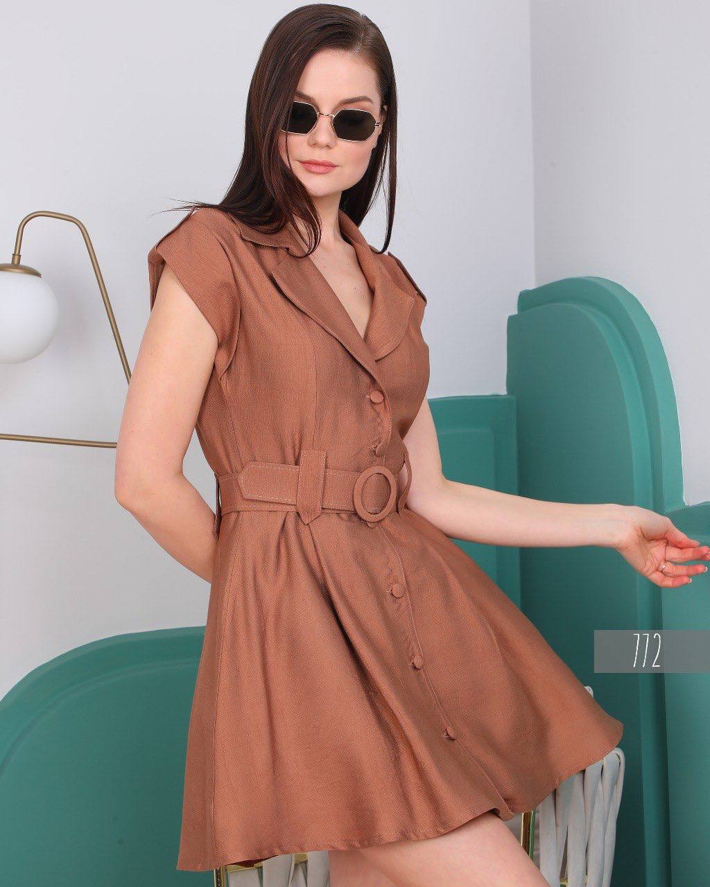 Women Button Down V Neck Dress With Waist Belt