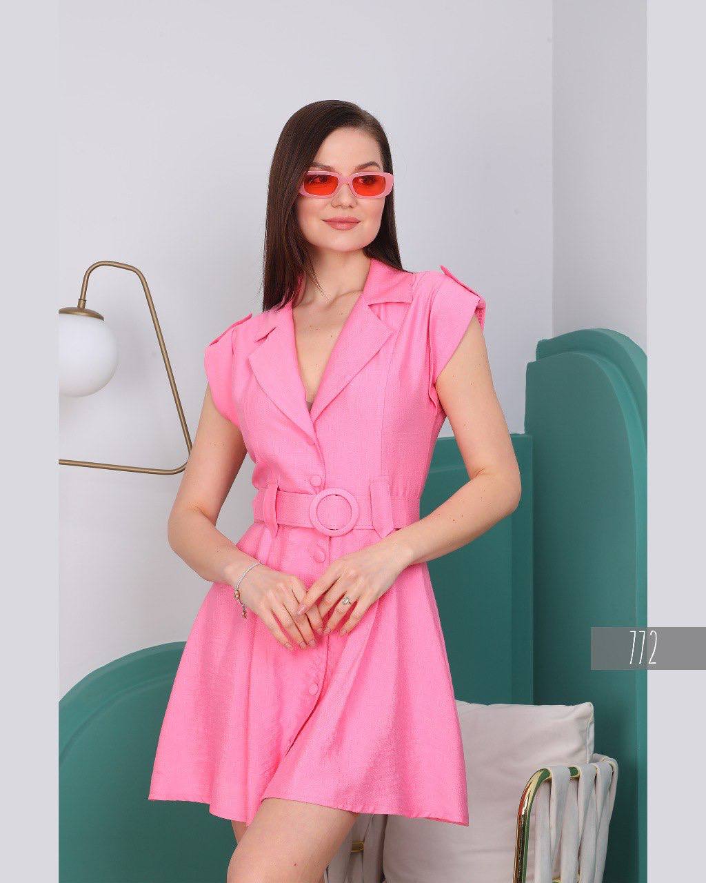 Women Button Down V Neck Dress With Waist Belt