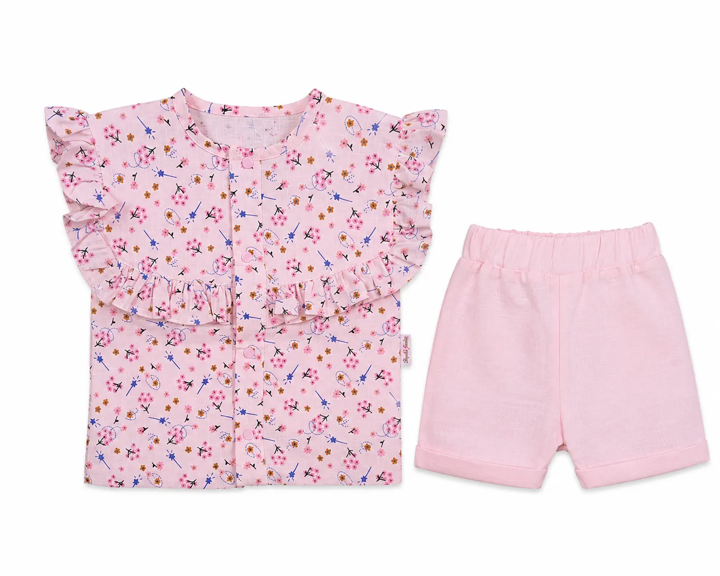 Beyaz Bebek Girls’ Floral Print Blouse & Shorts Set – Ruffle Detail – 2 Pieces – Pink