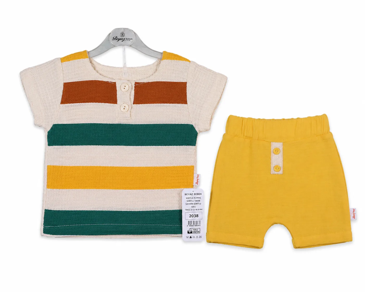 Beyaz Bebek Boys' T-Shirt & Shorts Set – Striped Waffle Fabric – 95% Cotton 5% Elastane – yellow