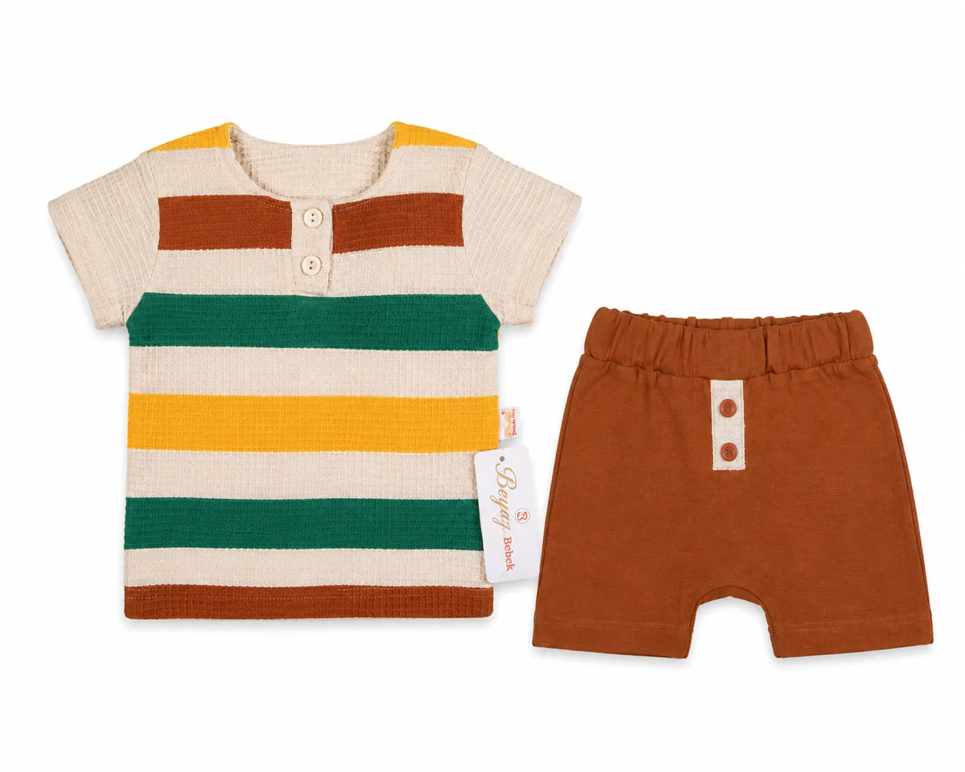 Beyaz Bebek Boys' T-Shirt & Shorts Set – Striped Waffle Fabric – 95% Cotton 5% Elastane – Brown