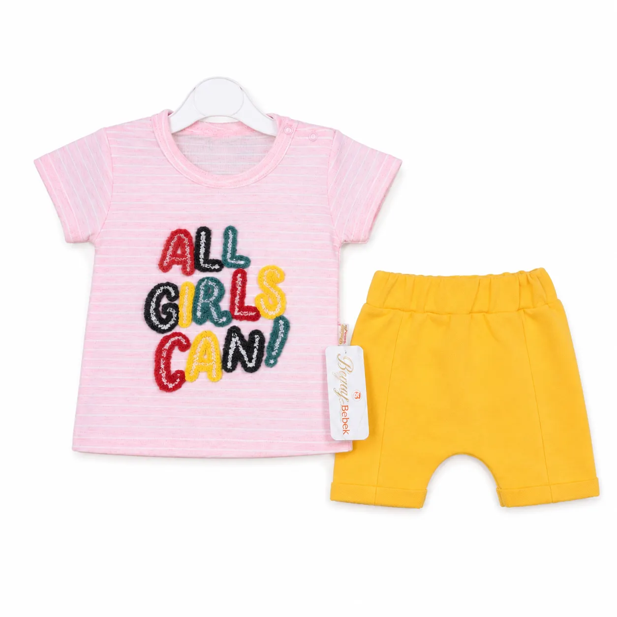 Beyaz Bebek Girls T-Shirt & Shorts Set – "All Girls Can" Print – Short Sleeve – 2 Pieces – yellow