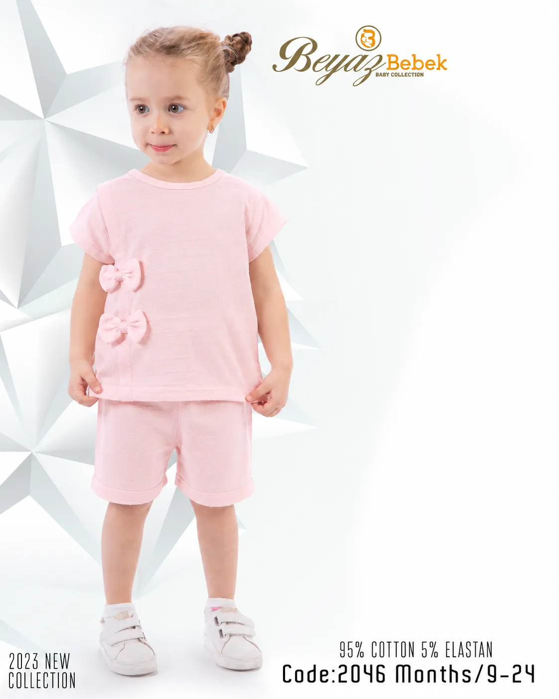 Beyaz Bebek Girls' 2-Piece Cotton Blend Top & Shorts Set with Bow Detail – 95% Cotton, 5% Elastane – Short Sleeve – pink
