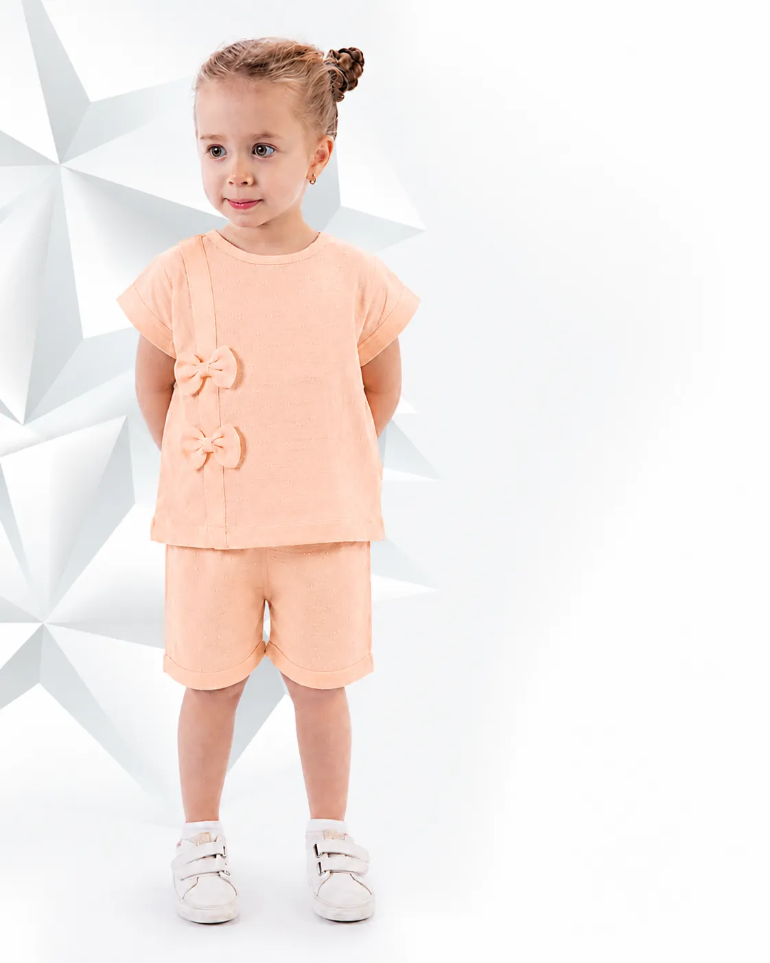 Beyaz Bebek Girls' 2-Piece Cotton Blend Top & Shorts Set with Bow Detail – 95% Cotton, 5% Elastane – Short Sleeve – Orange