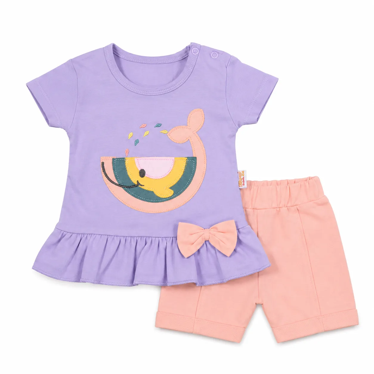 Beyaz Bebek Girls' Whale Print T-Shirt & Shorts Set – Short Sleeve – 2 Pieces – purple and pink