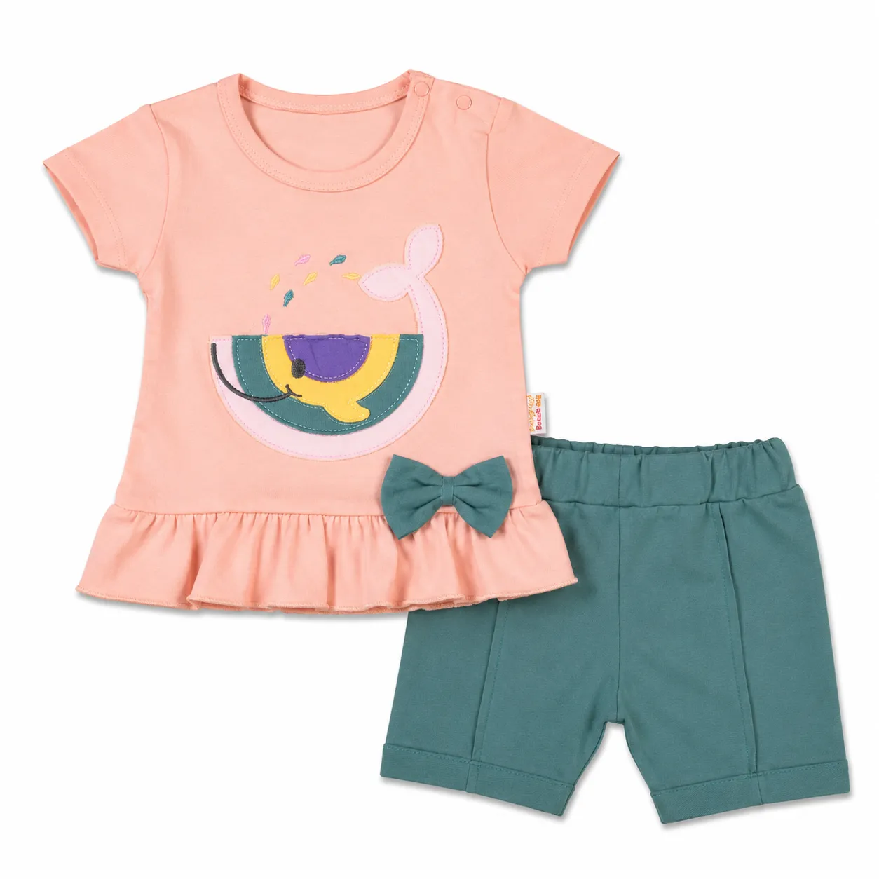 Beyaz Bebek Girls' Whale Print T-Shirt & Shorts Set – Short Sleeve – 2 Pieces – pink and green color option