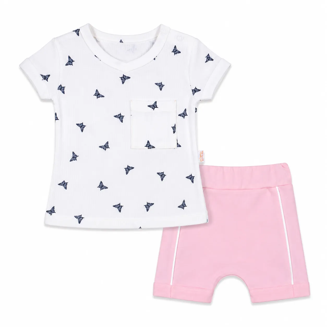 Beyaz Bebek Girls' Short Sleeve T-Shirt & Shorts Set – Butterfly Print – pink color option