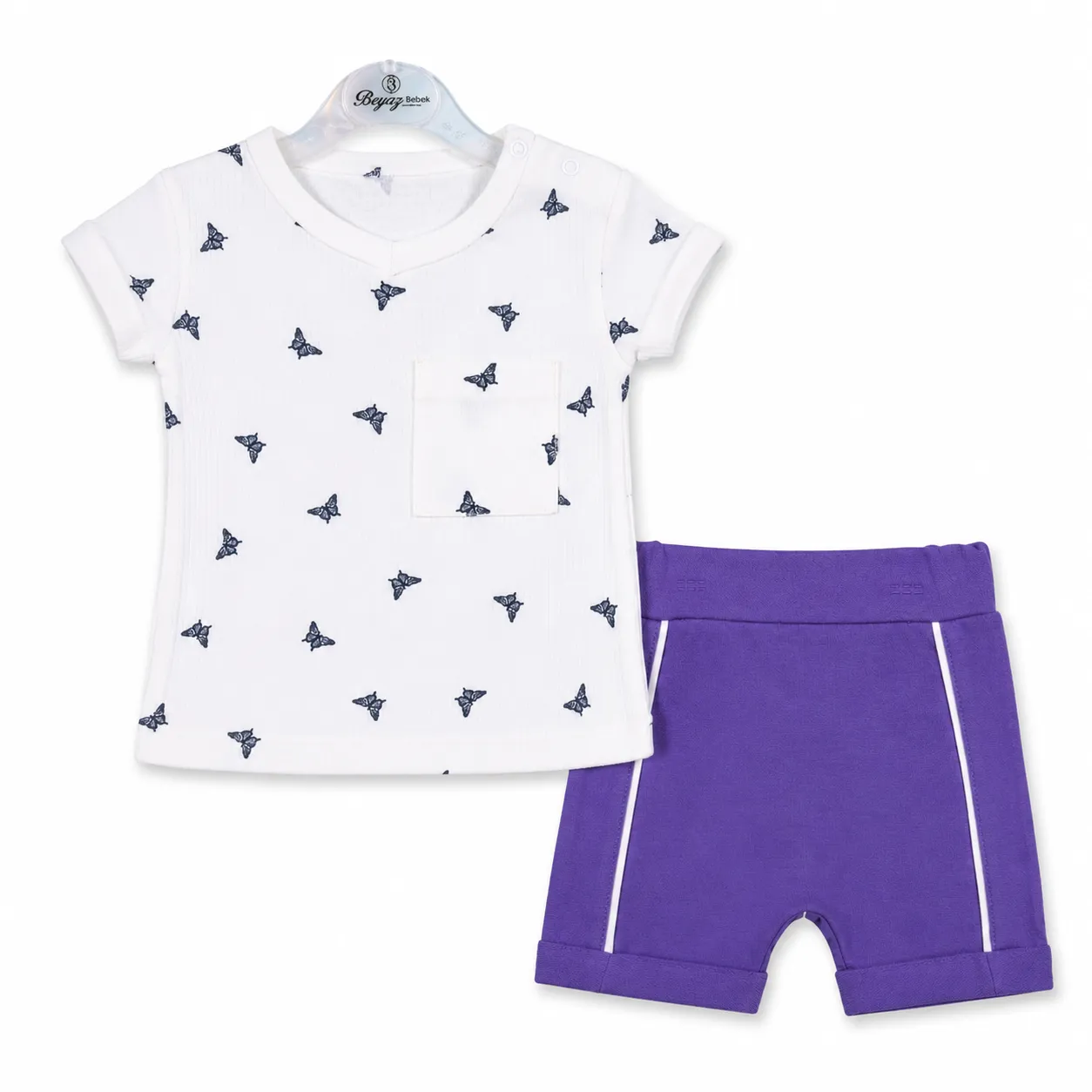Beyaz Bebek Girls' Short Sleeve T-Shirt & Shorts Set – Butterfly Print – Purple