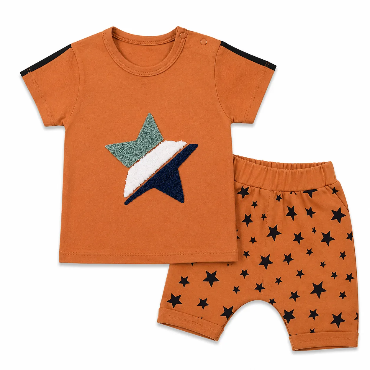 Beyaz Bebek Boys' T-Shirt & Shorts Set – Star Print – Short Sleeve – Orange– 2 Pieces color option