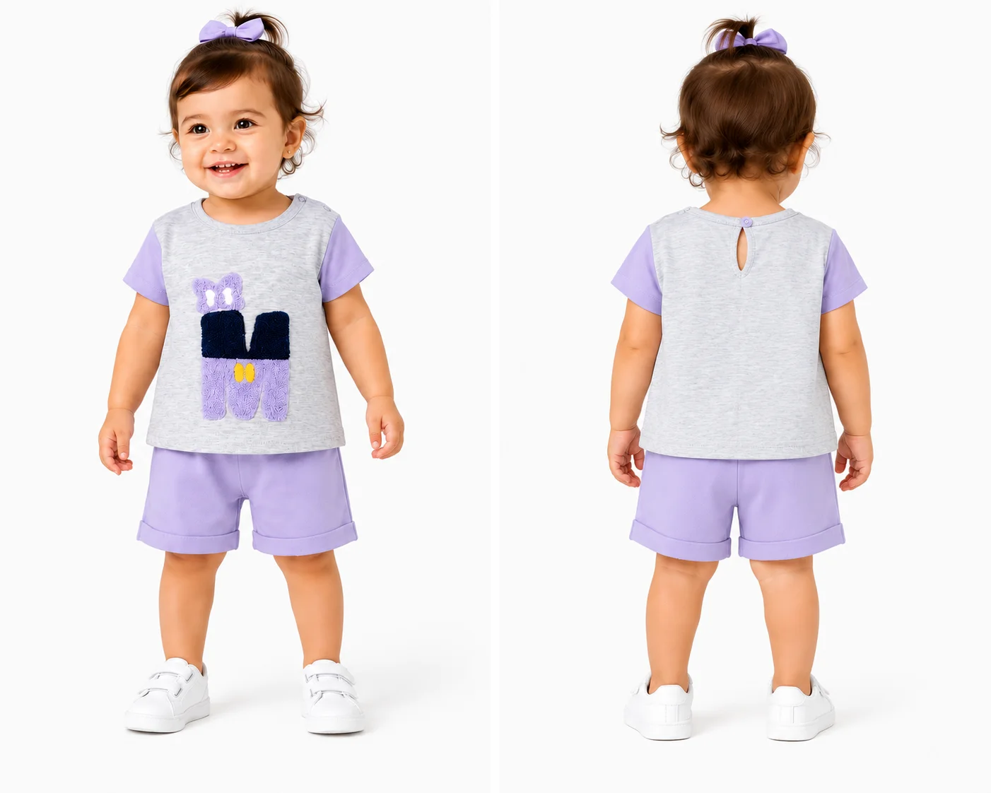 Beyaz Bebek Girls' T-Shirt & Shorts Set – Minnie-Inspired Patch Design – Grey & purple – 2 Pieces color option