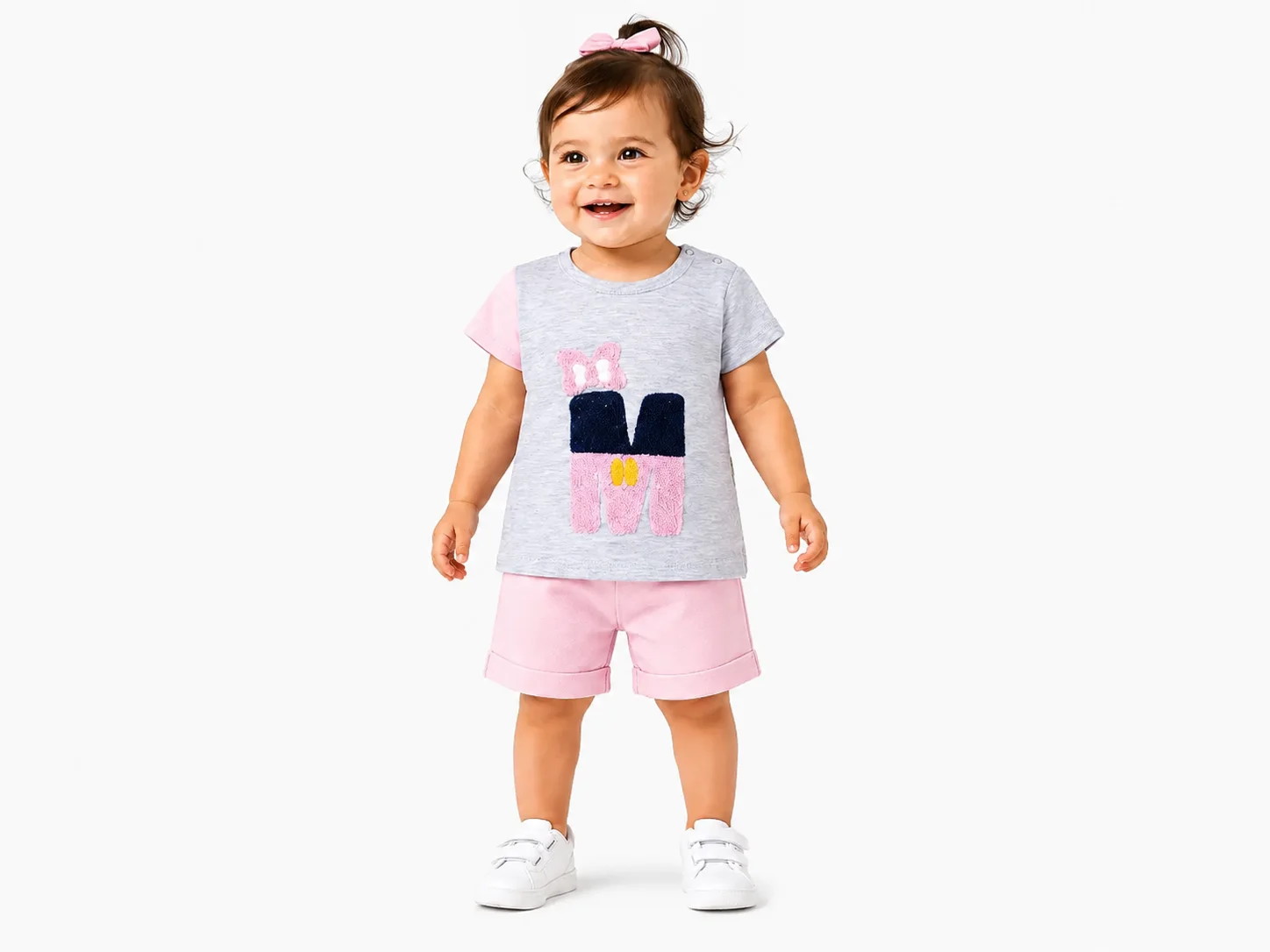 Beyaz Bebek Girls' T-Shirt & Shorts Set – Minnie-Inspired Patch Design – Grey & Pink – 2 Pieces