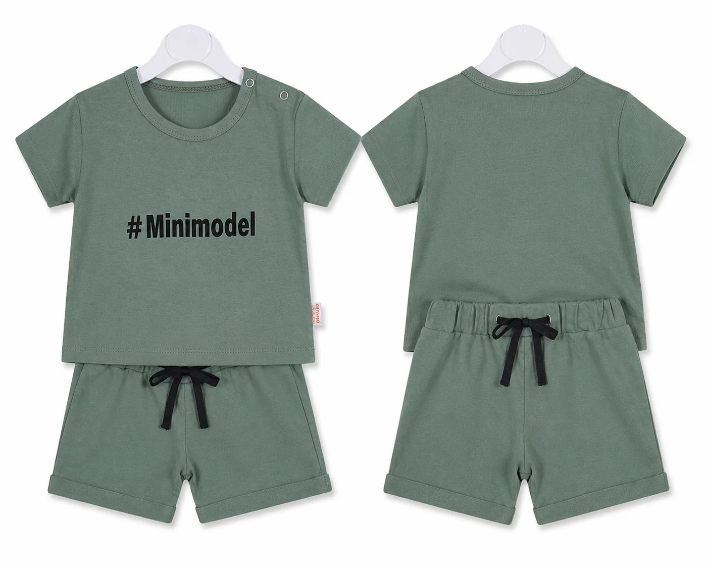 Beyaz Bebek Baby Short Sleeve T-Shirt & Shorts Set – "#Minimodel" Print – green – 2 Pieces color option