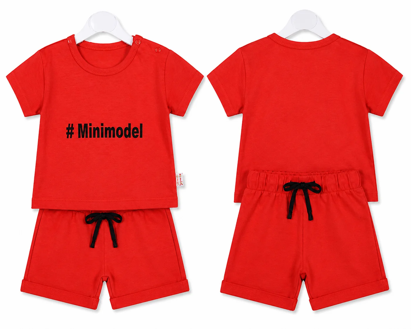 Beyaz Bebek Baby Short Sleeve T-Shirt & Shorts Set – "#Minimodel" Print – Red – 2 Pieces