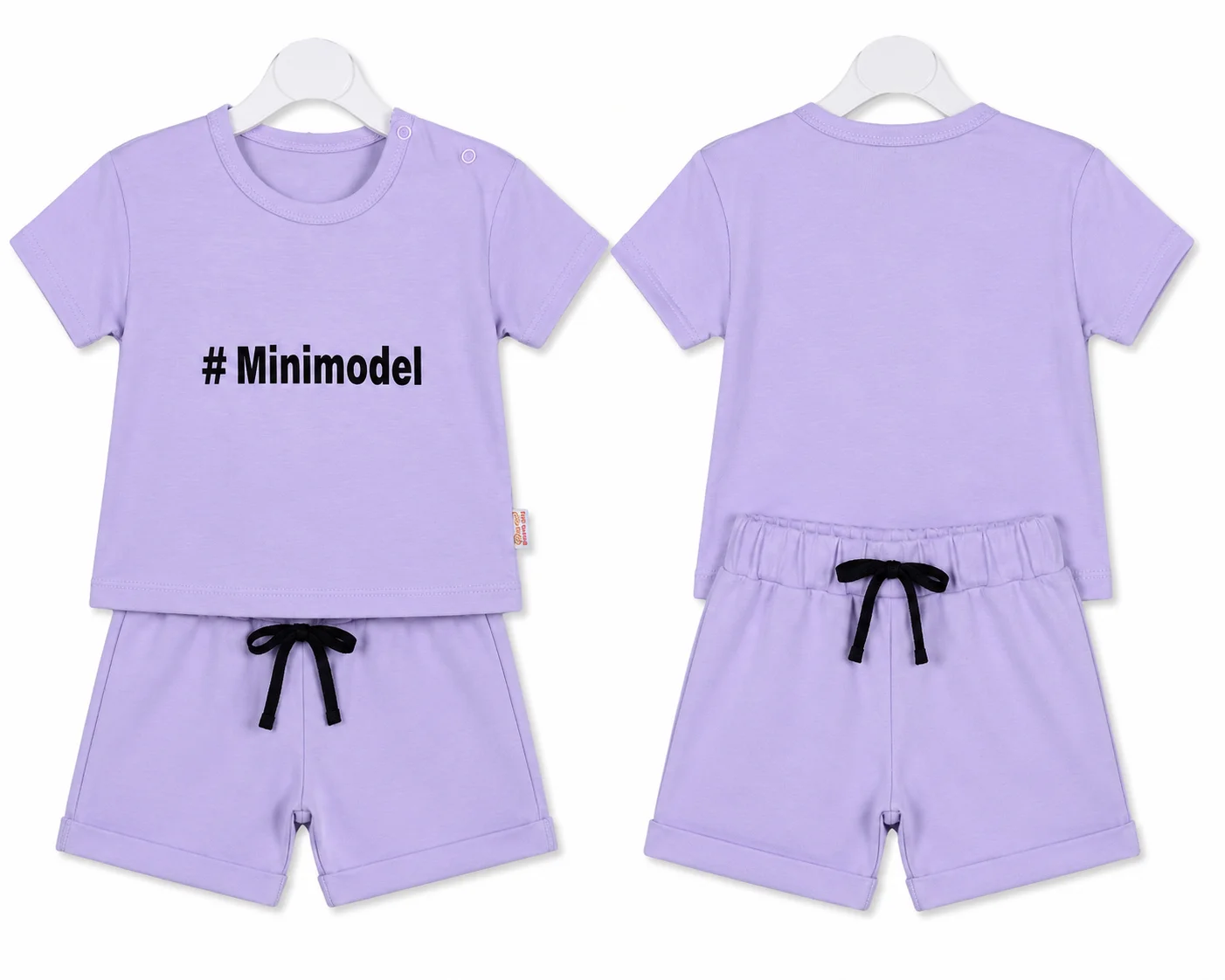 Beyaz Bebek Baby Short Sleeve T-Shirt & Shorts Set – "#Minimodel" Print – purple – 2 Pieces