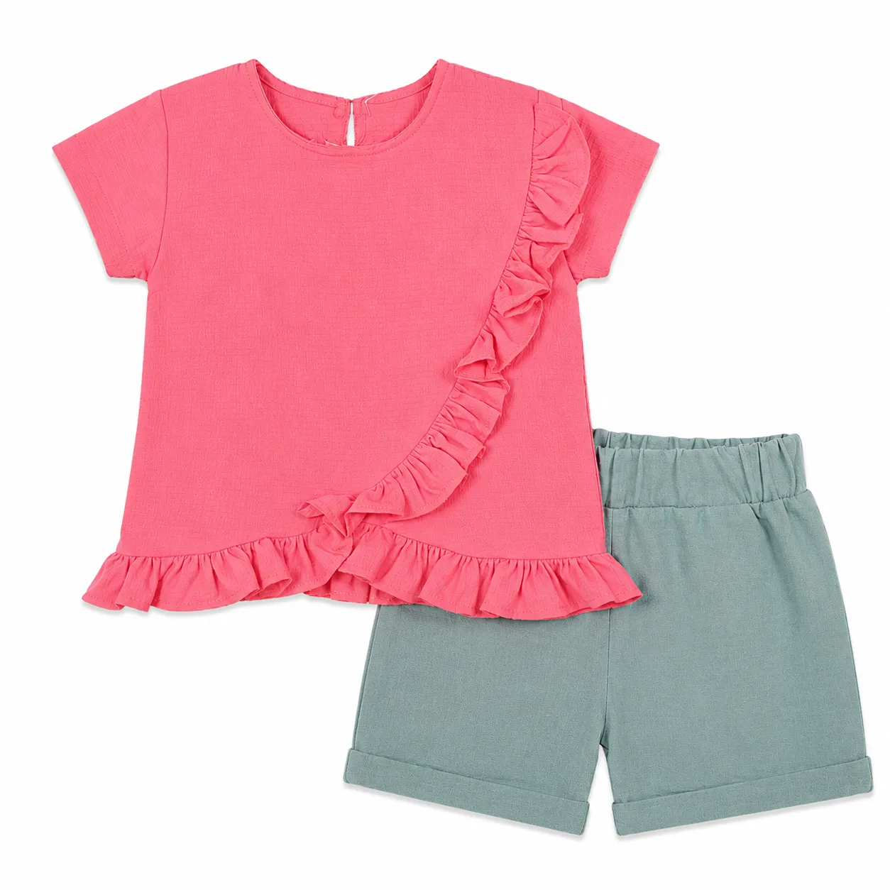 Beyaz Bebek Girls' Top & Shorts Set – Short Sleeve – Ruffle Detail – Peach Pink – 2 Pieces