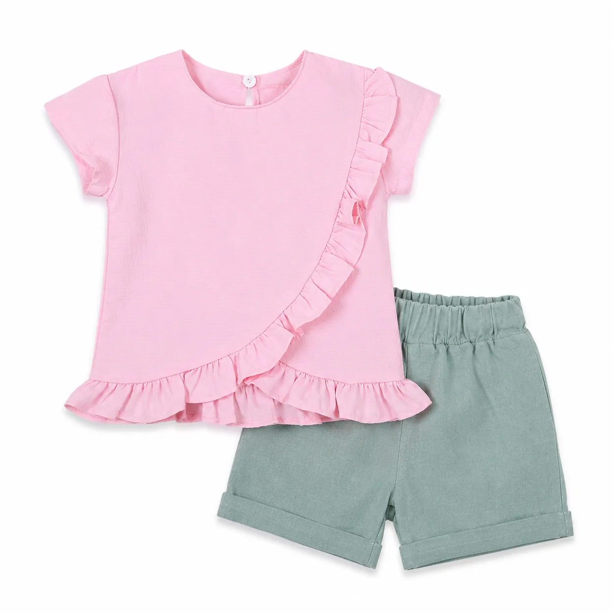 Beyaz Bebek Girls' Top & Shorts Set – Short Sleeve – Ruffle Detail – Light Pink Top  – 2 Pieces color option