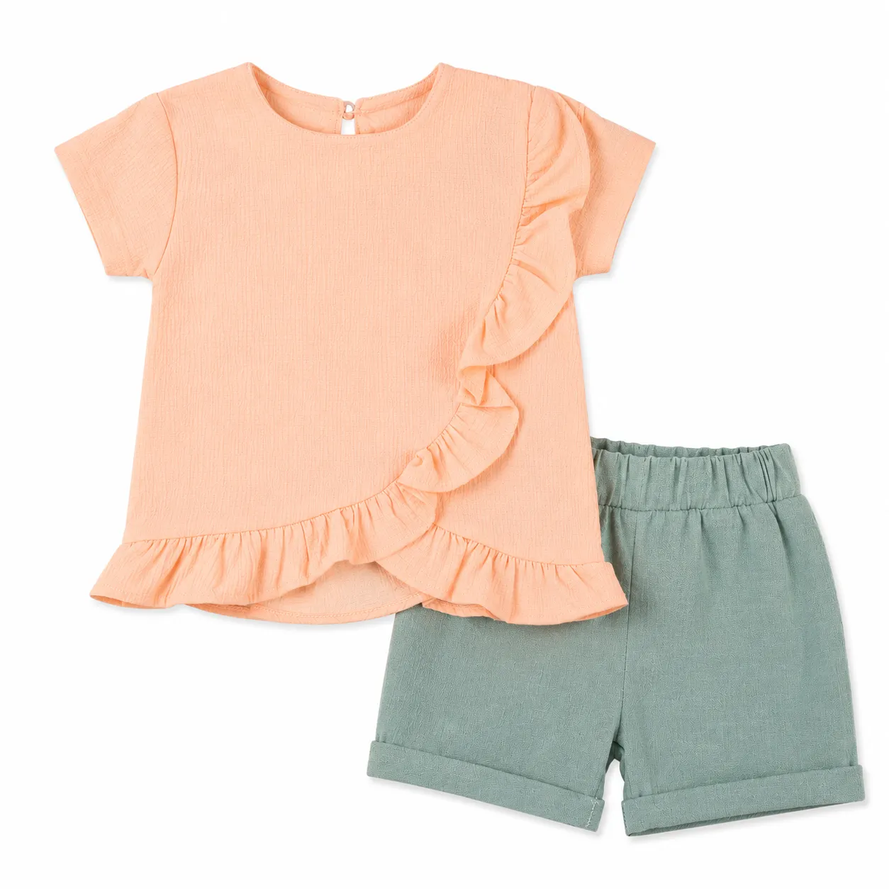 Beyaz Bebek Girls' Top & Shorts Set – Short Sleeve – Ruffle Detail – Peach Top  – 2 Pieces color option