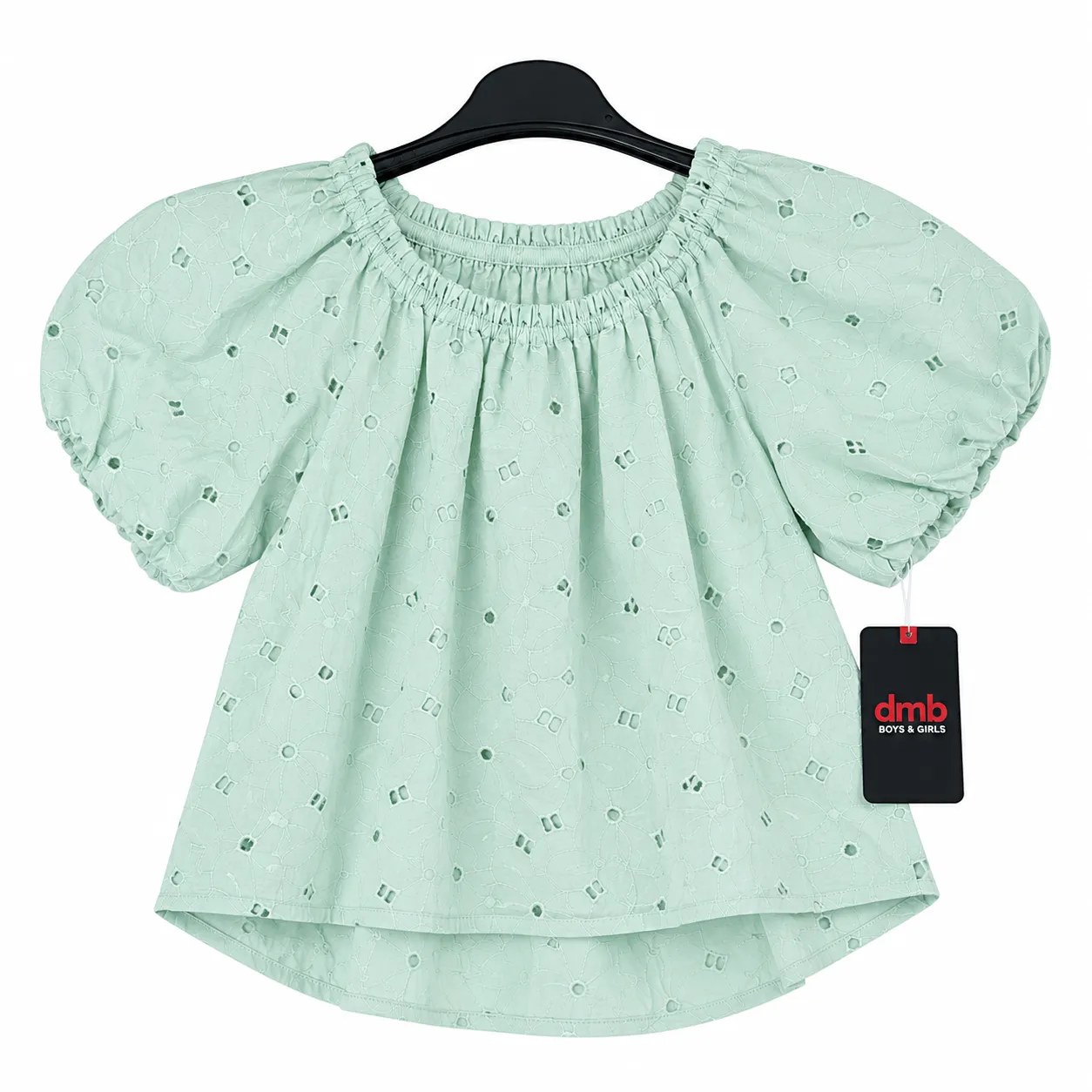 DMB Girls Embroidered Puff Sleeve Blouse – Elastic Off-Shoulder Neckline – Mint Green