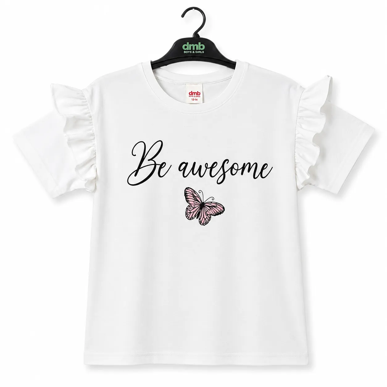 DMB Girls' Ruffle Sleeve T-Shirt – "Be Awesome" Butterfly Print – Short Sleeve – white
