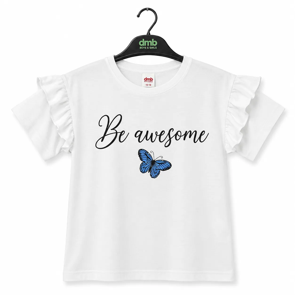 DMB Girls' Ruffle Sleeve T-Shirt – "Be Awesome" Butterfly Print – Short Sleeve – white color option