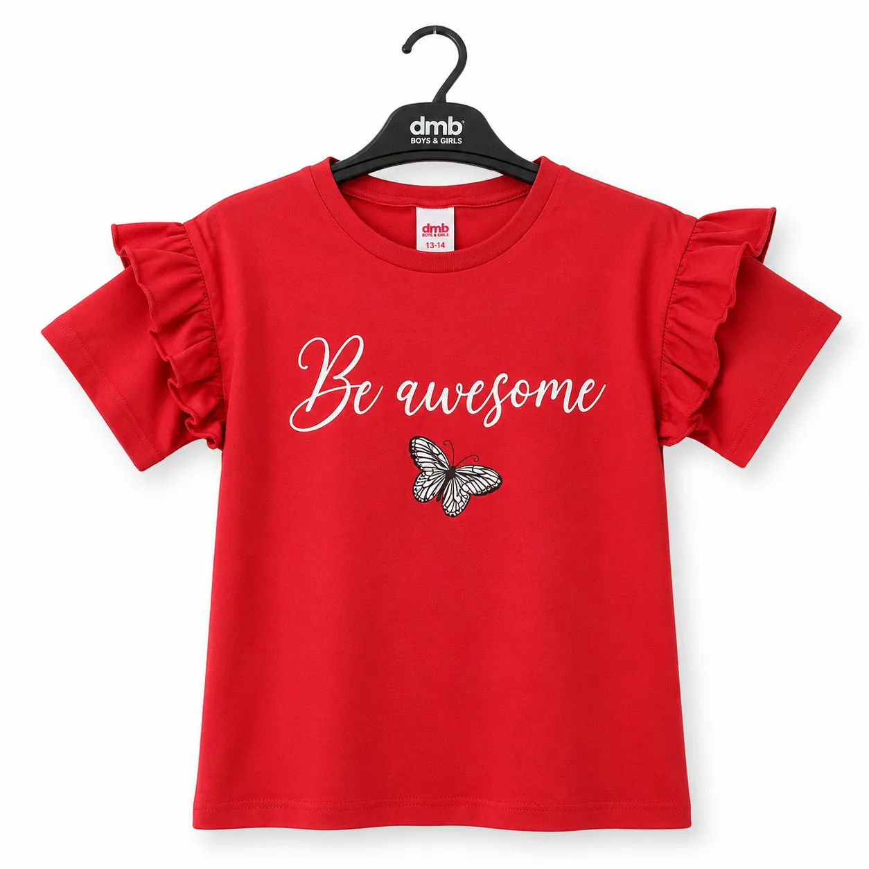 DMB Girls' Ruffle Sleeve T-Shirt – "Be Awesome" Butterfly Print – Short Sleeve –red color option