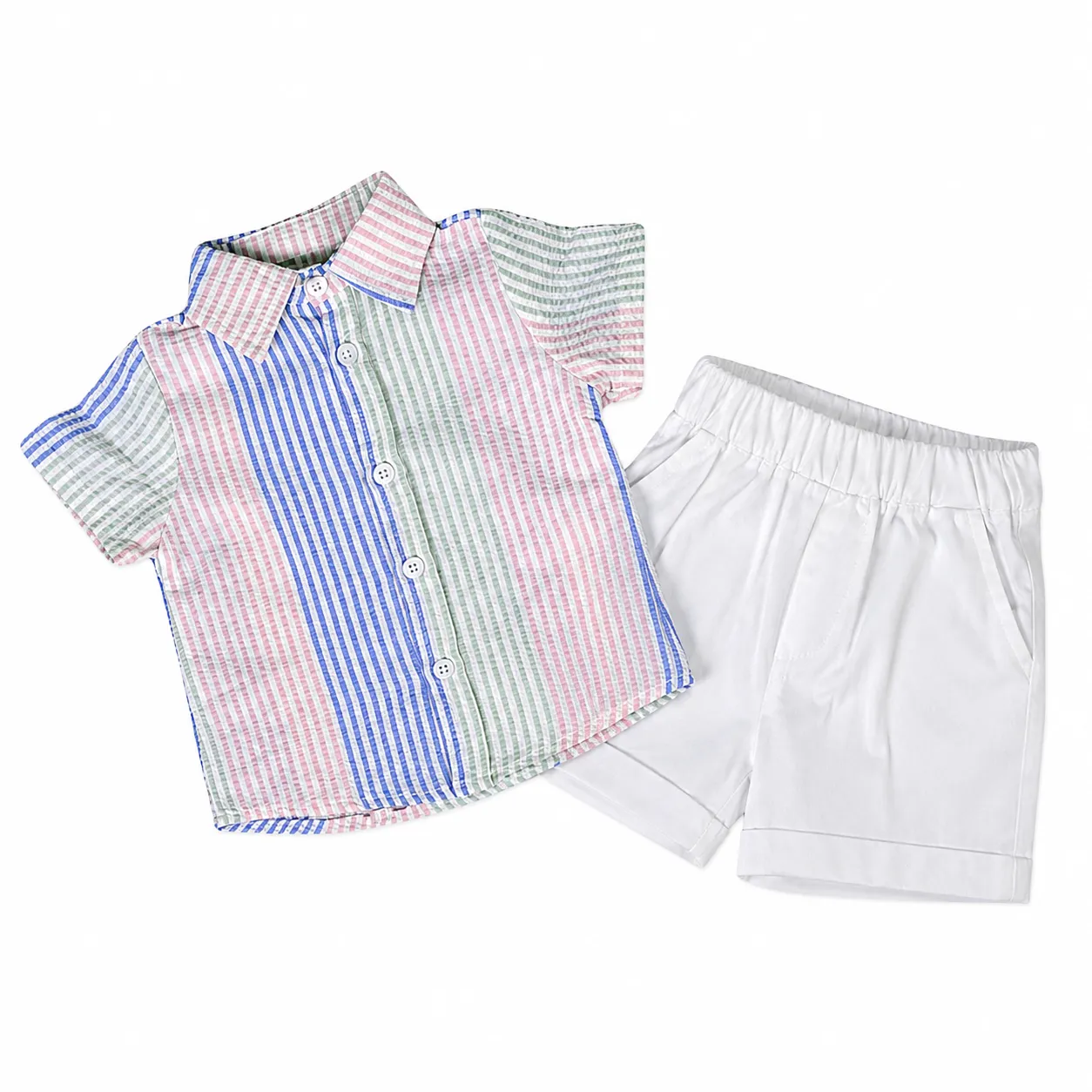 Kidex’s Boys’ 2-Piece Summer Set – Striped Short-Sleeve Button-Up Shirt & Shorts – Multicolor/White