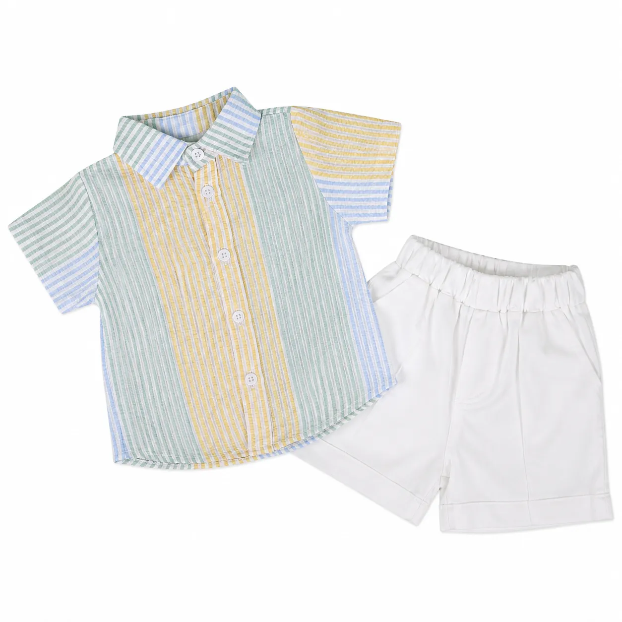 Kidex’s Boys’ 2-Piece Summer Set – Striped Short-Sleeve Button-Up Shirt & Shorts – Multicolor/White color option