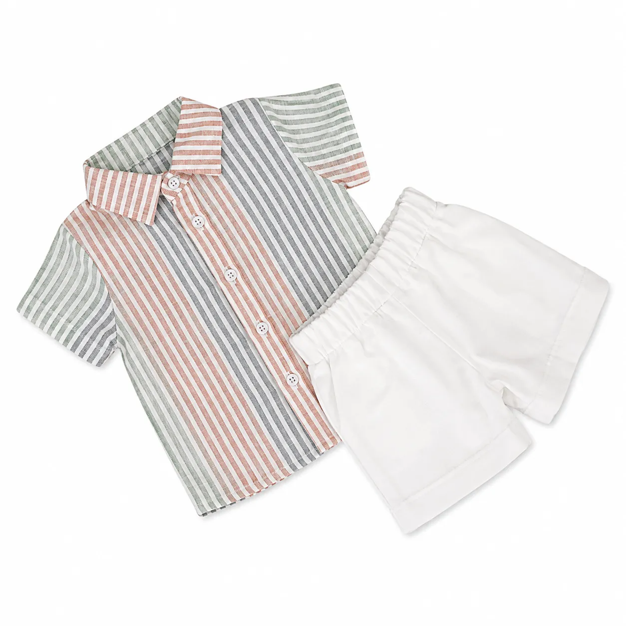 English: Kidex’s Boys’ 2-Piece Summer Set – Striped Short-Sleeve Button-Up Shirt & Shorts – Multicolor/White color option