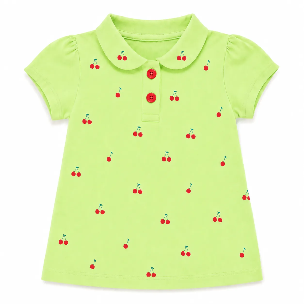 TUFFY Girls Polo T-Shirt – Cherry Print Short Sleeve Cotton Top –Light Green image 1