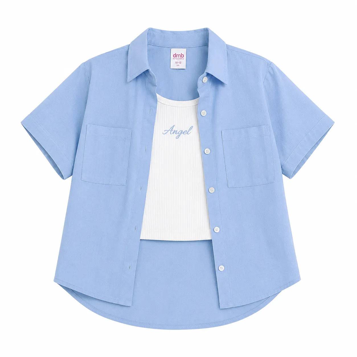 DMB Girls 2-Piece Summer Set – Short Sleeve Button-Up Shirt & Ribbed Tank Top – Sky Blue