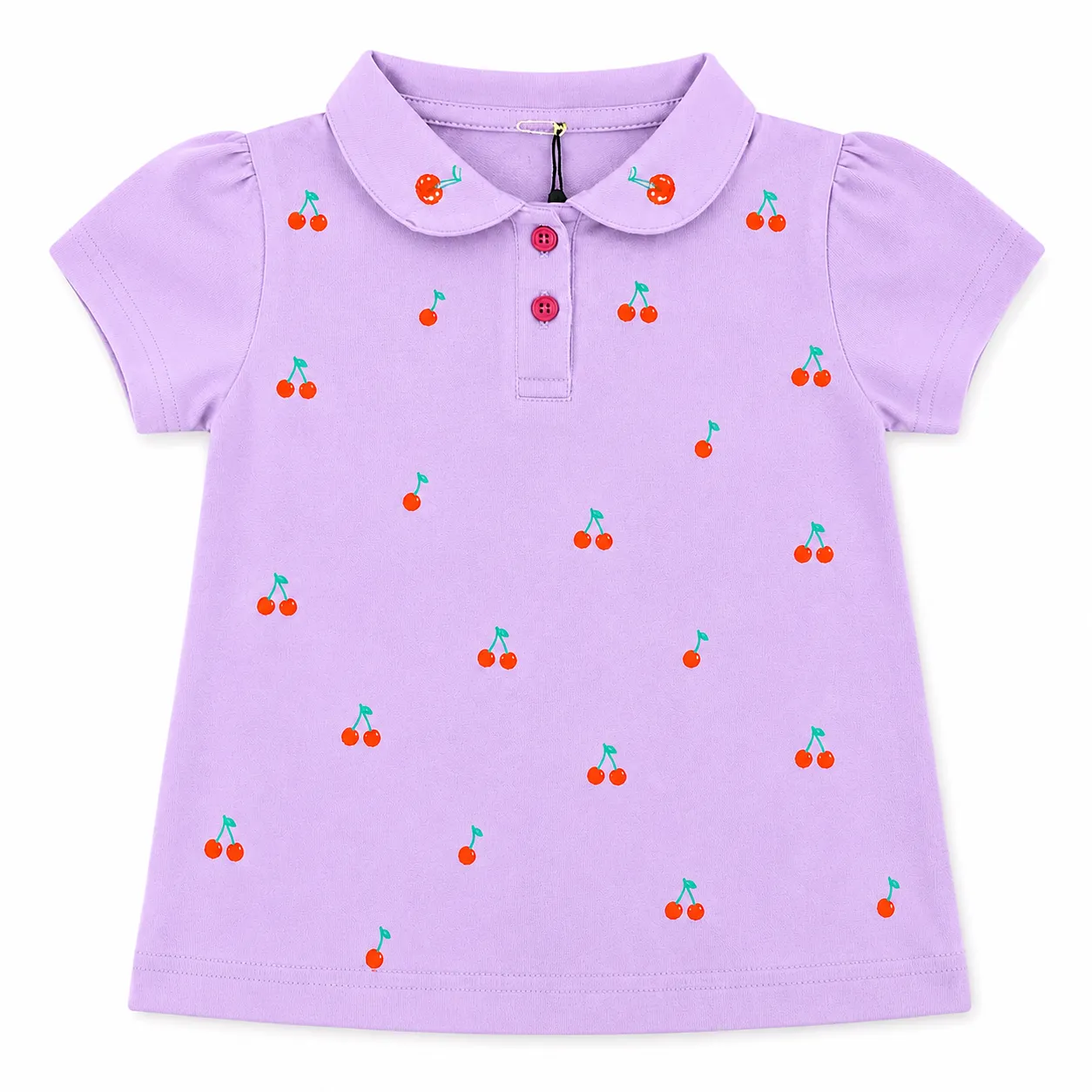 TUFFY Girls Polo T-Shirt – Cherry Print Short Sleeve Cotton Top –Lavender color option