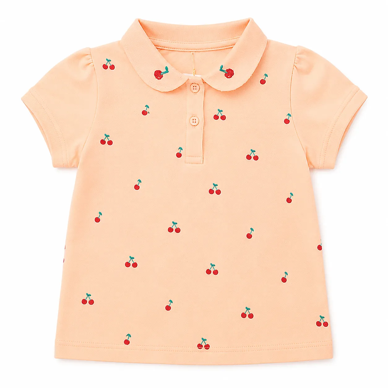 TUFFY Girls Polo T-Shirt – Cherry Print Short Sleeve Cotton Top –Light Peach color option