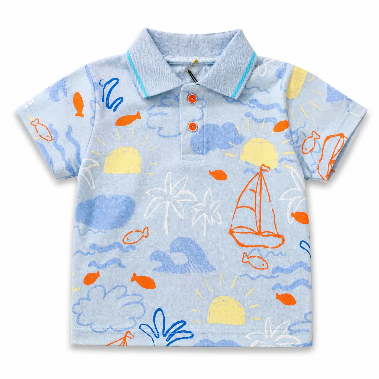 Tuffy Kids Polo T-Shirt - Ocean & Sailboat Print - Short Sleeve Cotton Polo - Light Blue color option