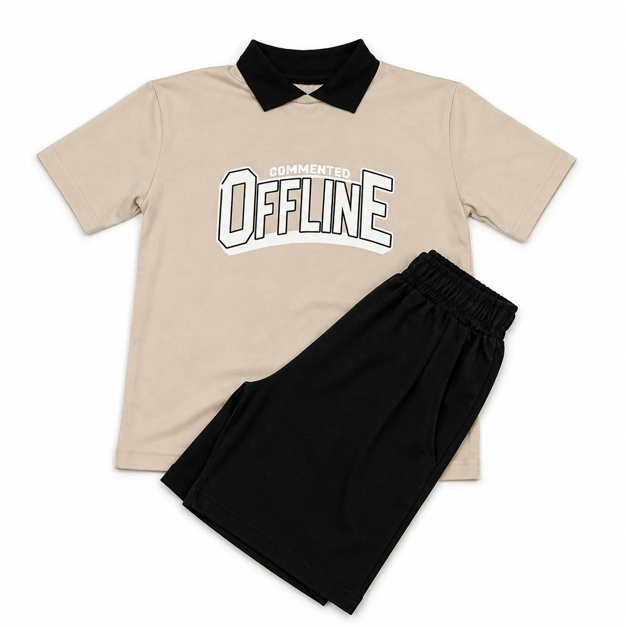 Tuffy Kids Clothing Set - Polo Collar T-Shirt & Shorts - Offline Print - Beige & Black image 2