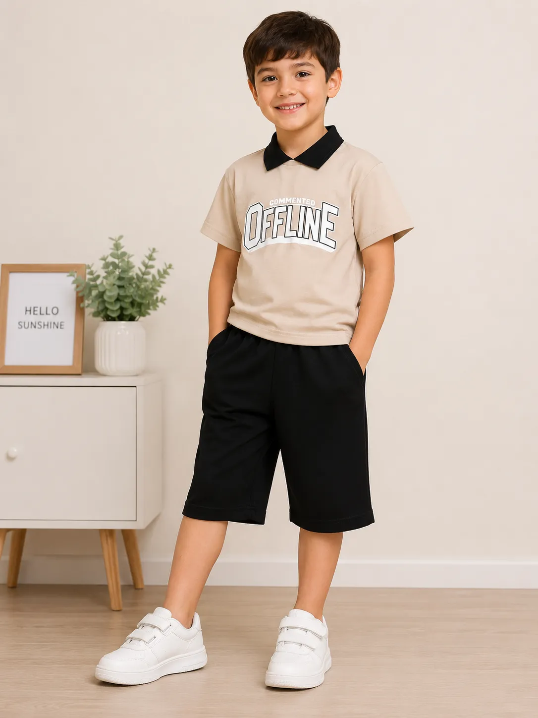 Tuffy Kids Clothing Set - Polo Collar T-Shirt & Shorts - Offline Print - Beige & Black image 1