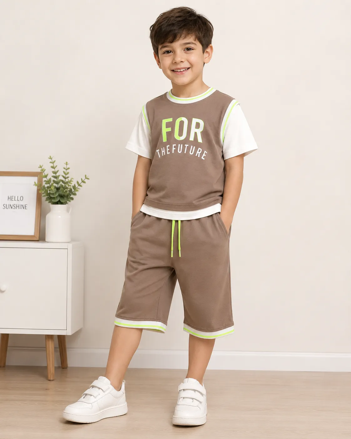 Tuffy Kids Clothing Set - Short Sleeve T-Shirt & Shorts - For The Future Print -Brown & White image 1