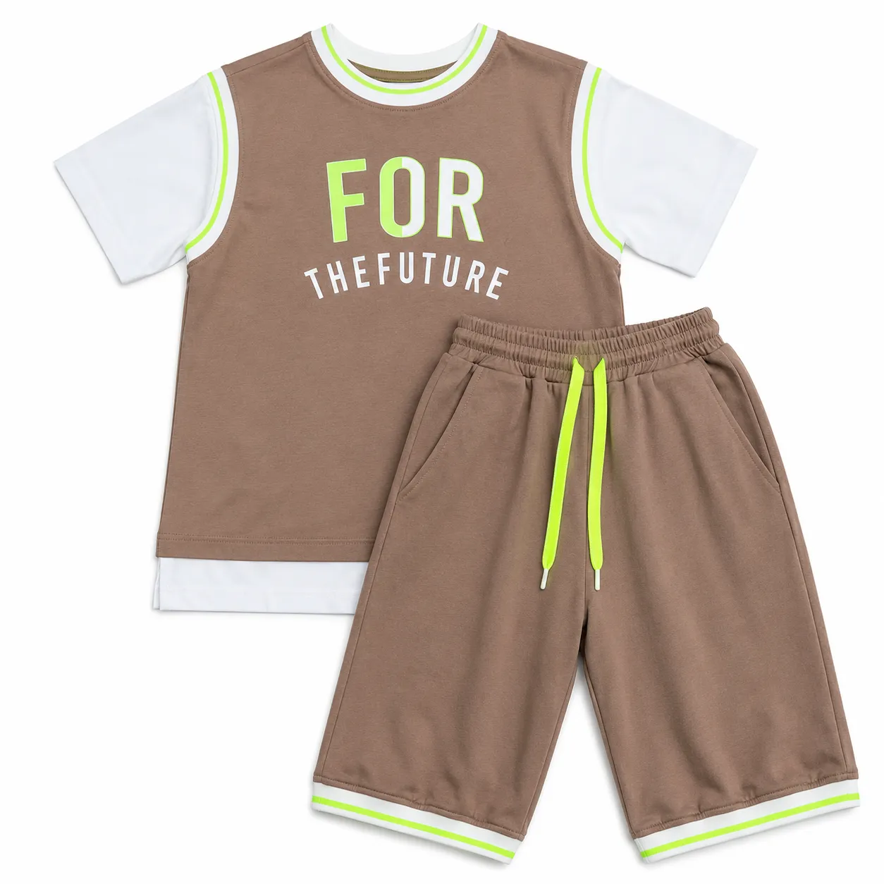 Tuffy Kids Clothing Set - Short Sleeve T-Shirt & Shorts - For The Future Print -Brown & White image 2