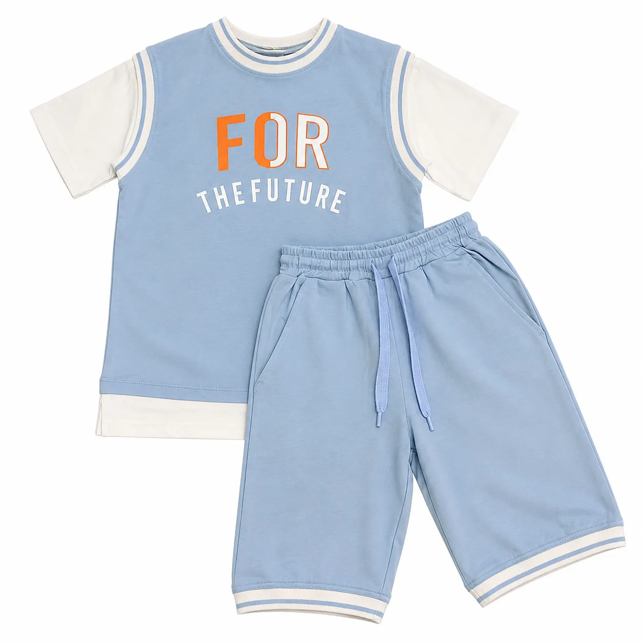 Tuffy Kids Clothing Set - Short Sleeve T-Shirt & Shorts - "For The Future" Print - Light Blue & White image 1