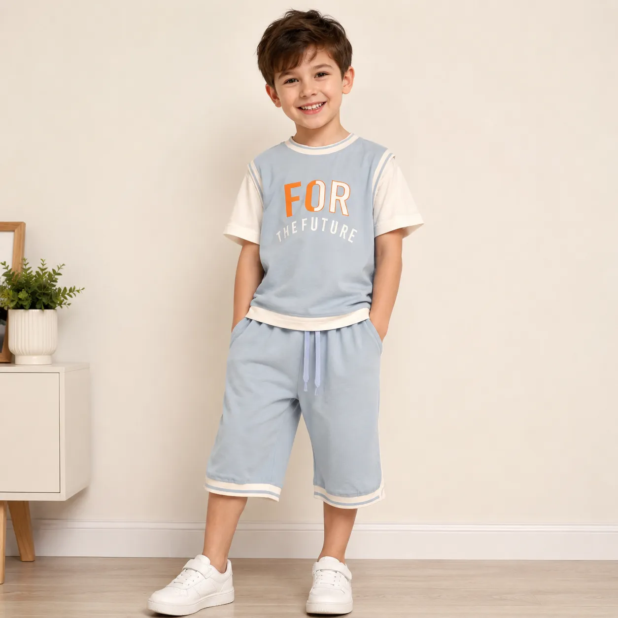 Tuffy Kids Clothing Set - Short Sleeve T-Shirt & Shorts - "For The Future" Print - Light Blue & White image 2