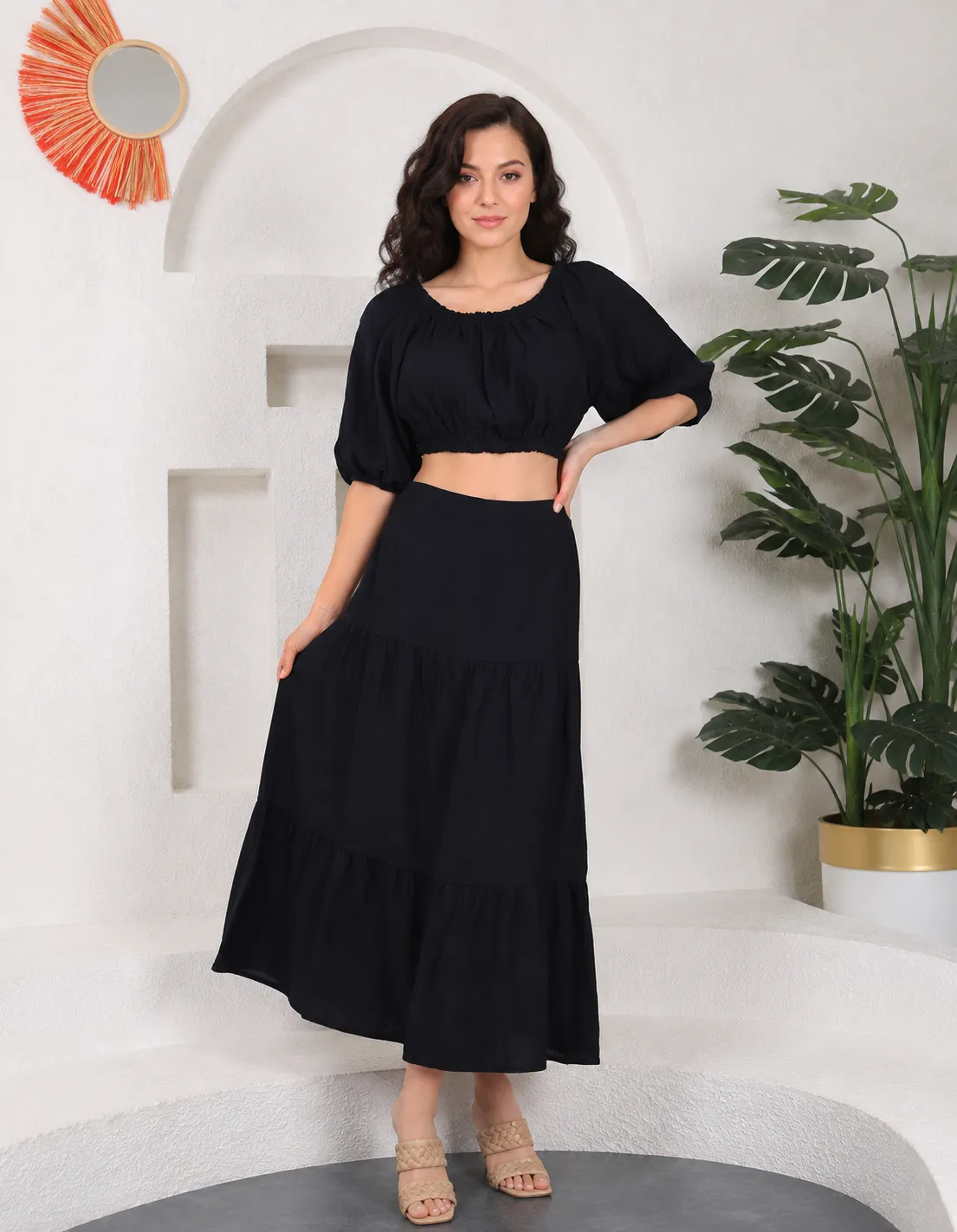 Park Karon Women's 2-Piece Off-Shoulder Crop Top & Midi Skirt Set black color option