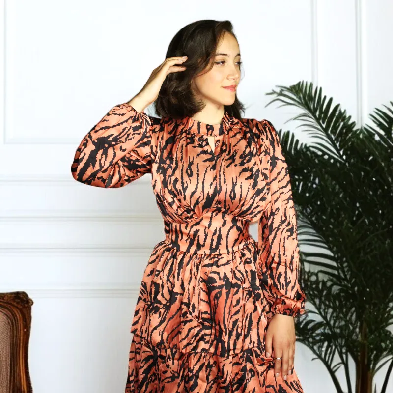 Zebra Shirred Frill Long Sleeve Mini Dress